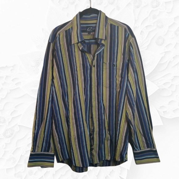 Cotton Reel Blue & Green Striped Collared Button Up Long Sleeve - Picture 1 of 3